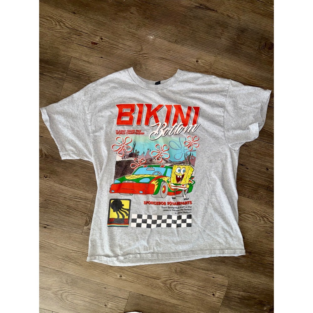 SpongeBob SquarePants Bikini Bottom Racing Graphic T-Shirt Gray XL Gildan